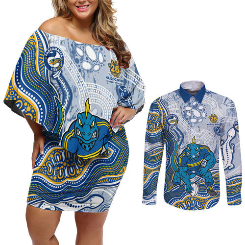 Parramatta Eels NAIDOC Week 2026 Couples Matching Off Shoulder Short Dress and Long Sleeve Button Shirt First Nations of Australia Aboriginal Mascot Rugby