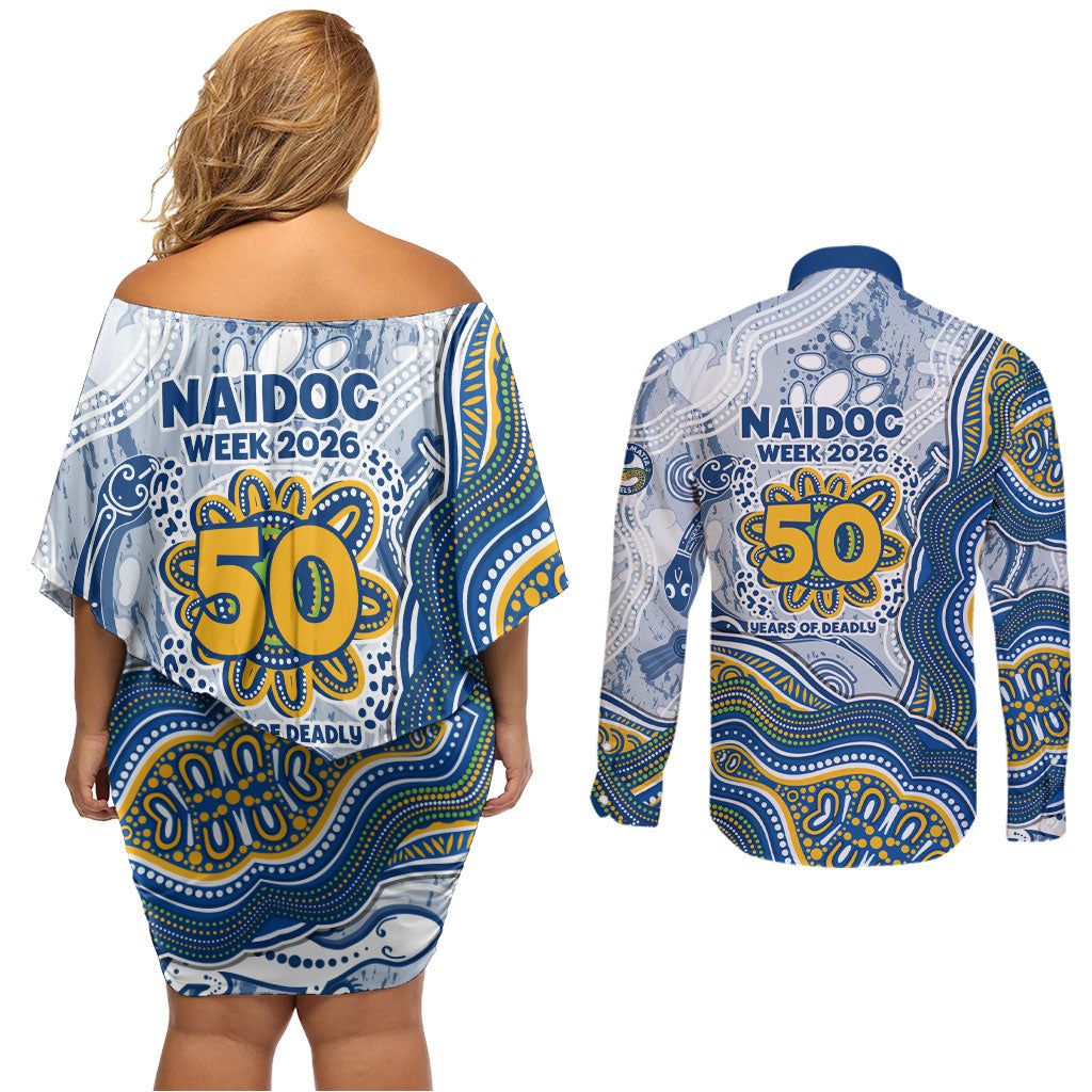 Parramatta Eels NAIDOC Week 2026 Couples Matching Off Shoulder Short Dress and Long Sleeve Button Shirt First Nations of Australia Aboriginal Mascot Rugby