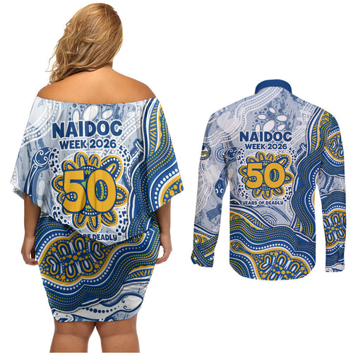 Parramatta Eels NAIDOC Week 2026 Couples Matching Off Shoulder Short Dress and Long Sleeve Button Shirt First Nations of Australia Aboriginal Mascot Rugby