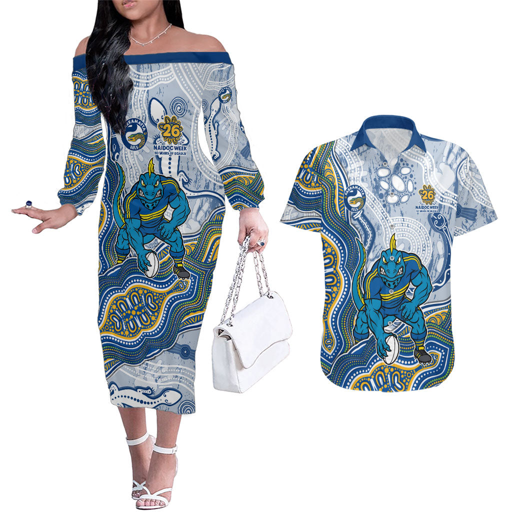 Parramatta Eels NAIDOC Week 2026 Couples Matching Off The Shoulder Long Sleeve Dress and Hawaiian Shirt First Nations of Australia Aboriginal Mascot Rugby