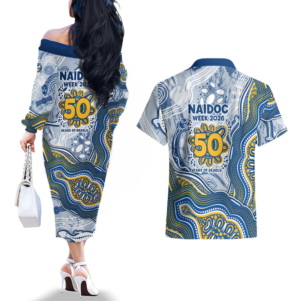 Parramatta Eels NAIDOC Week 2026 Couples Matching Off The Shoulder Long Sleeve Dress and Hawaiian Shirt First Nations of Australia Aboriginal Mascot Rugby