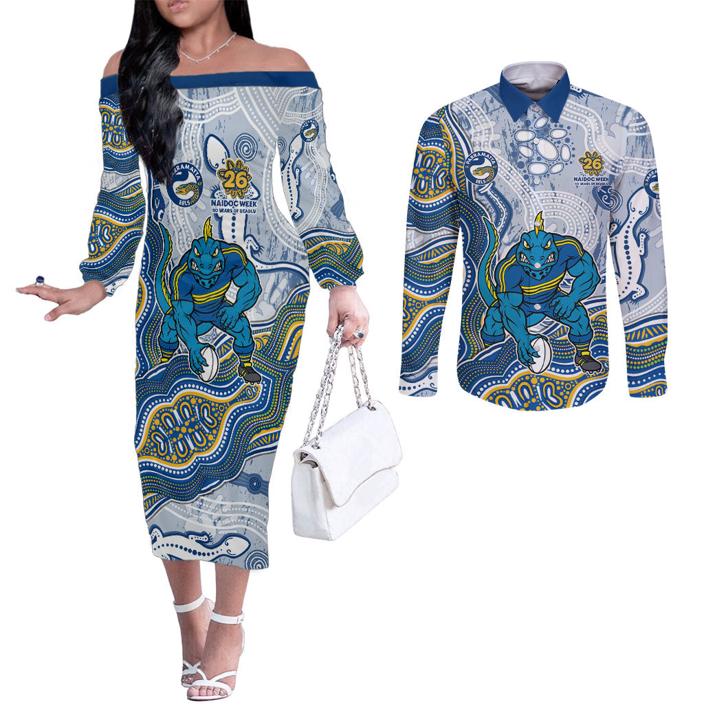 Parramatta Eels NAIDOC Week 2026 Couples Matching Off The Shoulder Long Sleeve Dress and Long Sleeve Button Shirt First Nations of Australia Aboriginal Mascot Rugby