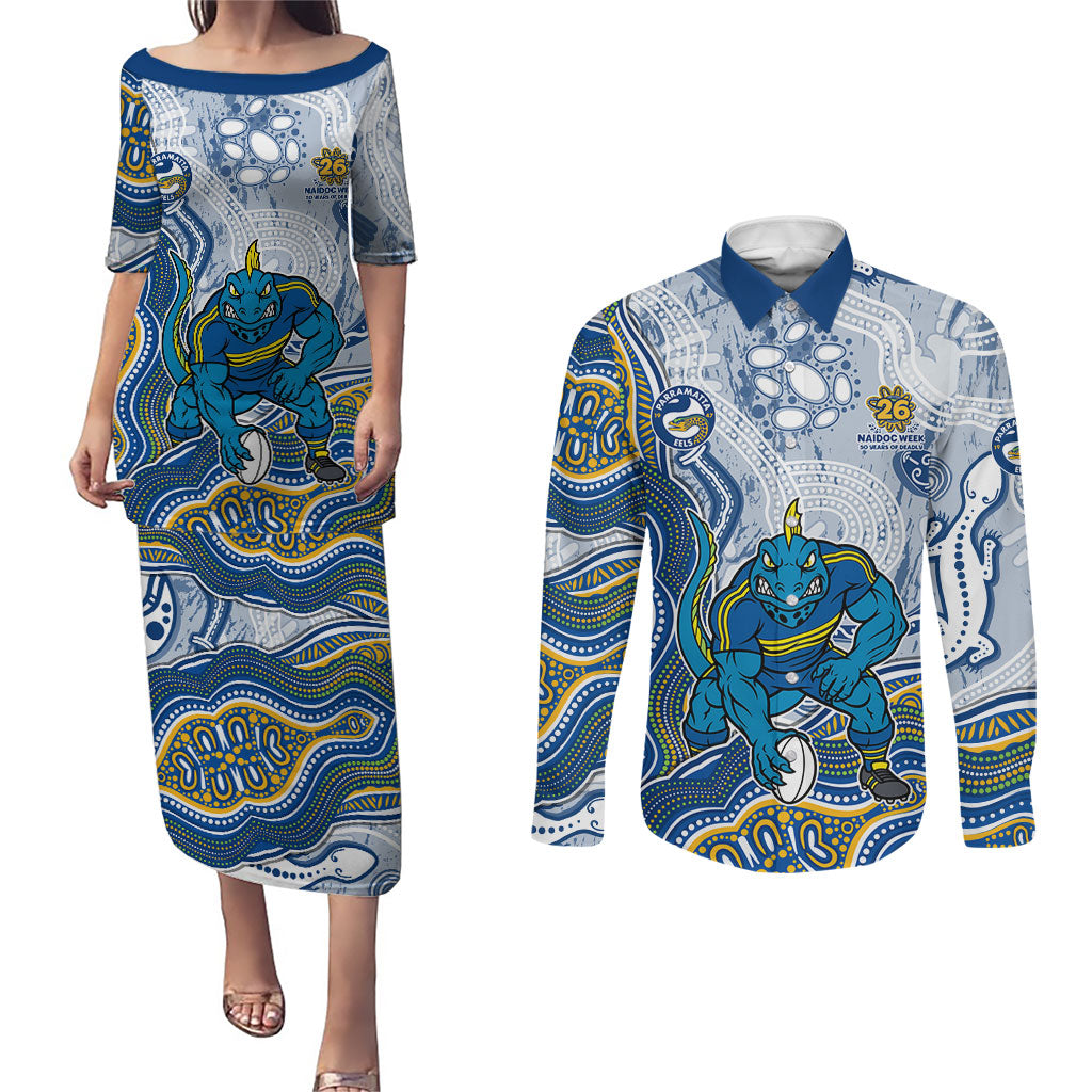 Parramatta Eels NAIDOC Week 2026 Couples Matching Puletasi and Long Sleeve Button Shirt First Nations of Australia Aboriginal Mascot Rugby