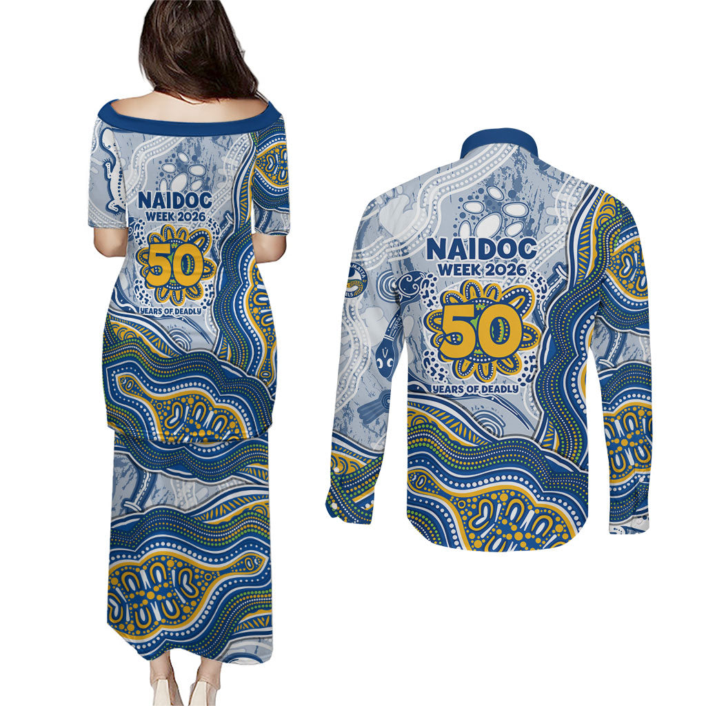 Parramatta Eels NAIDOC Week 2026 Couples Matching Puletasi and Long Sleeve Button Shirt First Nations of Australia Aboriginal Mascot Rugby