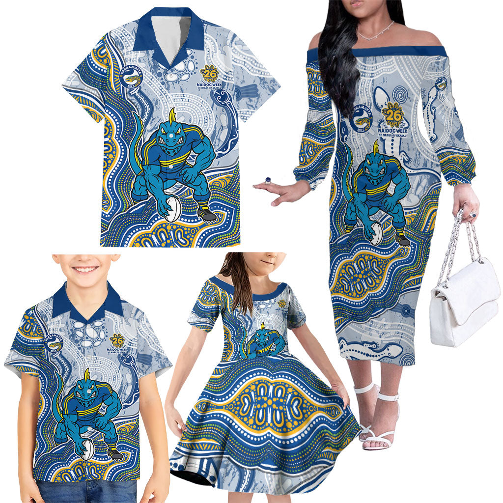Parramatta Eels NAIDOC Week 2026 Family Matching Off The Shoulder Long Sleeve Dress and Hawaiian Shirt First Nations of Australia Aboriginal Mascot Rugby