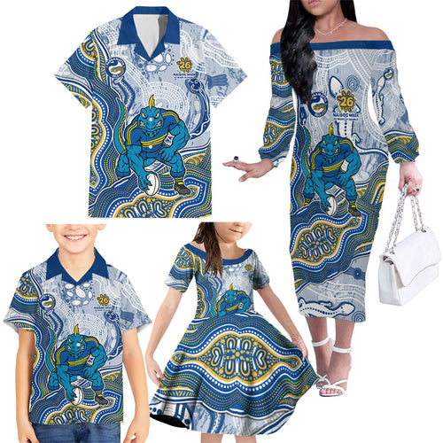 Parramatta Eels NAIDOC Week 2026 Family Matching Off The Shoulder Long Sleeve Dress and Hawaiian Shirt First Nations of Australia Aboriginal Mascot Rugby