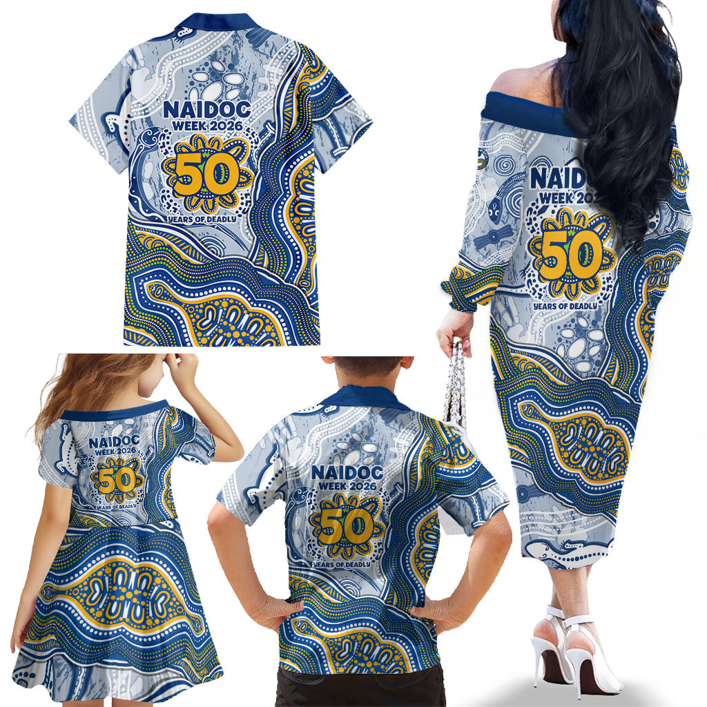 Parramatta Eels NAIDOC Week 2026 Family Matching Off The Shoulder Long Sleeve Dress and Hawaiian Shirt First Nations of Australia Aboriginal Mascot Rugby