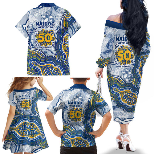 Parramatta Eels NAIDOC Week 2026 Family Matching Off The Shoulder Long Sleeve Dress and Hawaiian Shirt First Nations of Australia Aboriginal Mascot Rugby