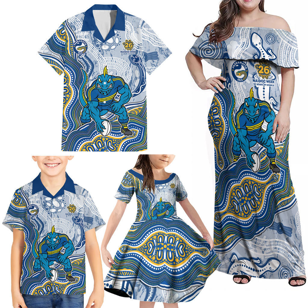 Parramatta Eels NAIDOC Week 2026 Family Matching Off Shoulder Maxi Dress and Hawaiian Shirt First Nations of Australia Aboriginal Mascot Rugby