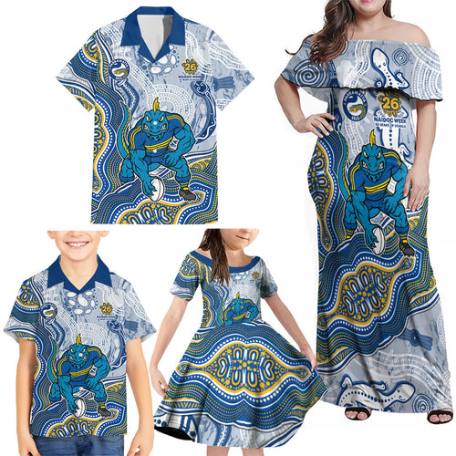 Parramatta Eels NAIDOC Week 2026 Family Matching Off Shoulder Maxi Dress and Hawaiian Shirt First Nations of Australia Aboriginal Mascot Rugby