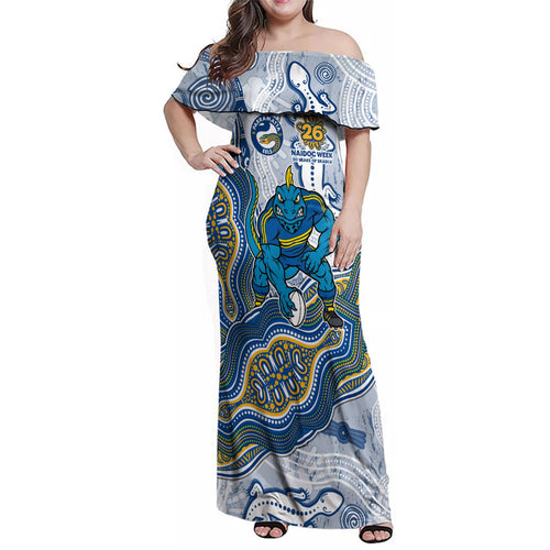Parramatta Eels NAIDOC Week 2026 Family Matching Off Shoulder Maxi Dress and Hawaiian Shirt First Nations of Australia Aboriginal Mascot Rugby