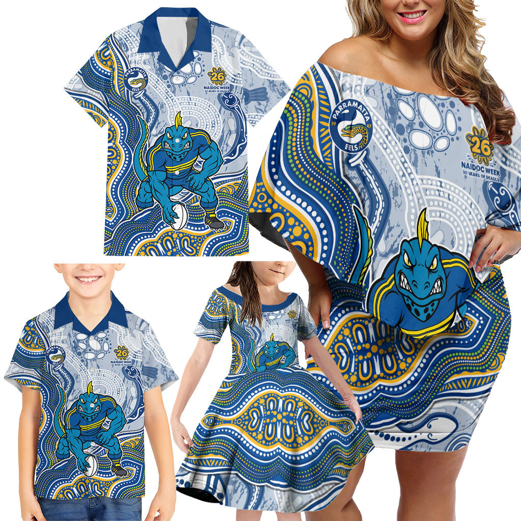 Parramatta Eels NAIDOC Week 2026 Family Matching Off Shoulder Short Dress and Hawaiian Shirt First Nations of Australia Aboriginal Mascot Rugby