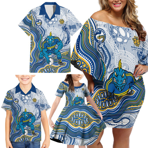 Parramatta Eels NAIDOC Week 2026 Family Matching Off Shoulder Short Dress and Hawaiian Shirt First Nations of Australia Aboriginal Mascot Rugby