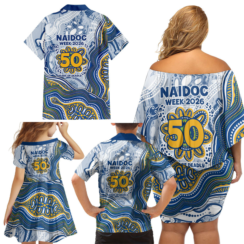 Parramatta Eels NAIDOC Week 2026 Family Matching Off Shoulder Short Dress and Hawaiian Shirt First Nations of Australia Aboriginal Mascot Rugby