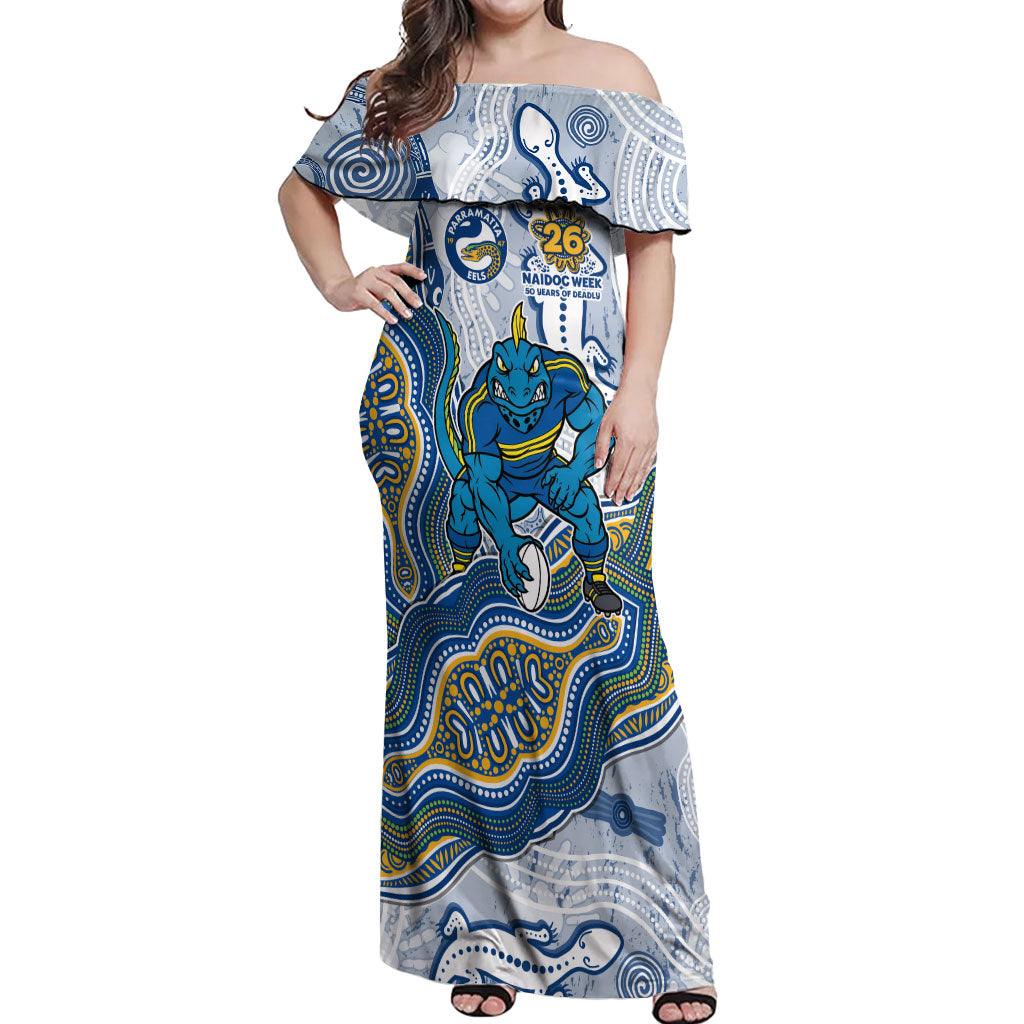 Parramatta Eels NAIDOC Week 2026 Off Shoulder Maxi Dress First Nations of Australia Aboriginal Mascot Rugby