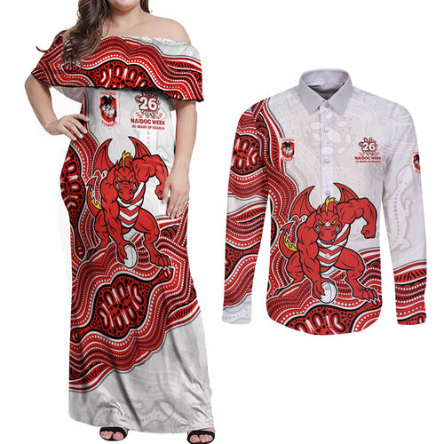 St. George Illawarra Dragons NAIDOC Week 2026 Couples Matching Off Shoulder Maxi Dress and Long Sleeve Button Shirt First Nations of Australia Aboriginal Mascot Rugby