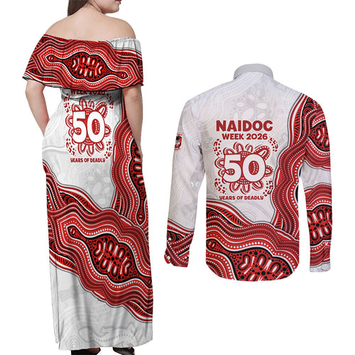 St. George Illawarra Dragons NAIDOC Week 2026 Couples Matching Off Shoulder Maxi Dress and Long Sleeve Button Shirt First Nations of Australia Aboriginal Mascot Rugby