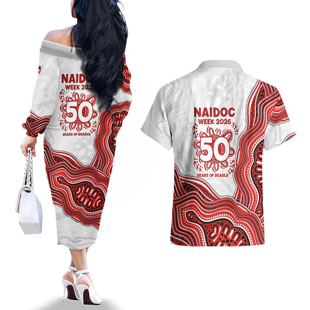 St. George Illawarra Dragons NAIDOC Week 2026 Couples Matching Off The Shoulder Long Sleeve Dress and Hawaiian Shirt First Nations of Australia Aboriginal Mascot Rugby