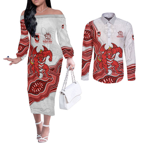 St. George Illawarra Dragons NAIDOC Week 2026 Couples Matching Off The Shoulder Long Sleeve Dress and Long Sleeve Button Shirt First Nations of Australia Aboriginal Mascot Rugby