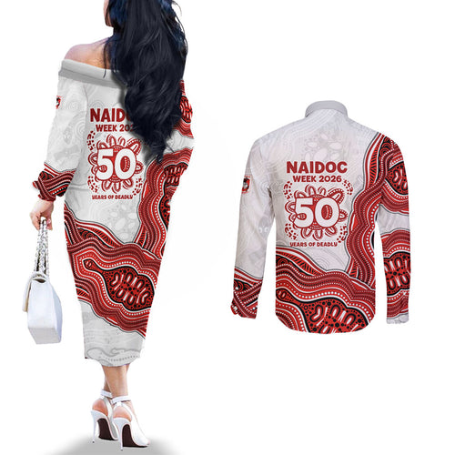 St. George Illawarra Dragons NAIDOC Week 2026 Couples Matching Off The Shoulder Long Sleeve Dress and Long Sleeve Button Shirt First Nations of Australia Aboriginal Mascot Rugby
