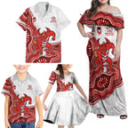 St. George Illawarra Dragons NAIDOC Week 2026 Family Matching Off Shoulder Maxi Dress and Hawaiian Shirt First Nations of Australia Aboriginal Mascot Rugby