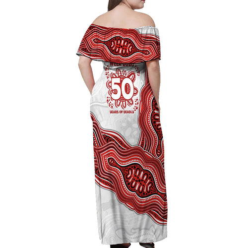 St. George Illawarra Dragons NAIDOC Week 2026 Off Shoulder Maxi Dress First Nations of Australia Aboriginal Mascot Rugby