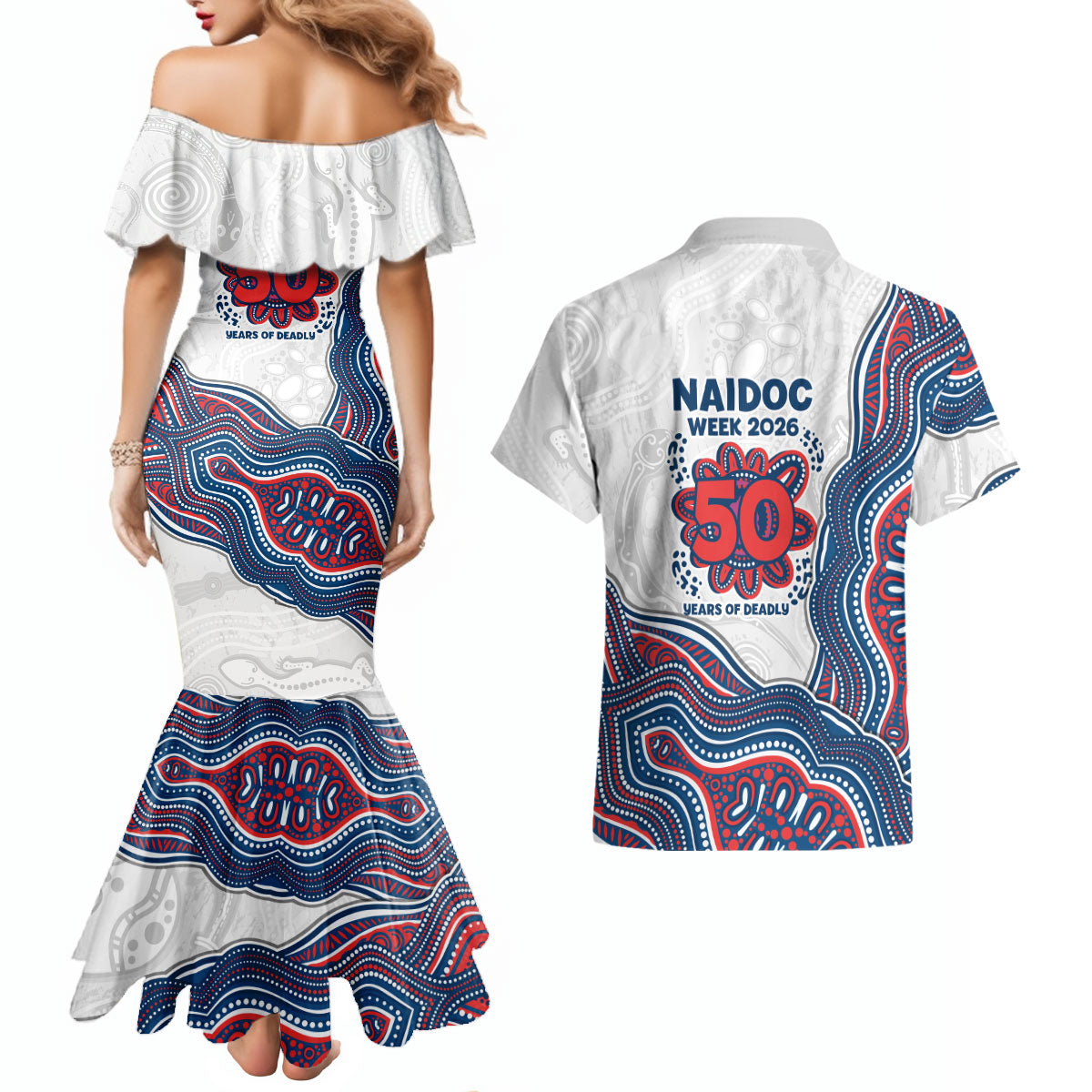 Sydney Roosters NAIDOC Week 2026 Couples Matching Mermaid Dress and Hawaiian Shirt First Nations of Australia Aboriginal Mascot Rugby