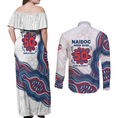Sydney Roosters NAIDOC Week 2026 Couples Matching Off Shoulder Maxi Dress and Long Sleeve Button Shirt First Nations of Australia Aboriginal Mascot Rugby