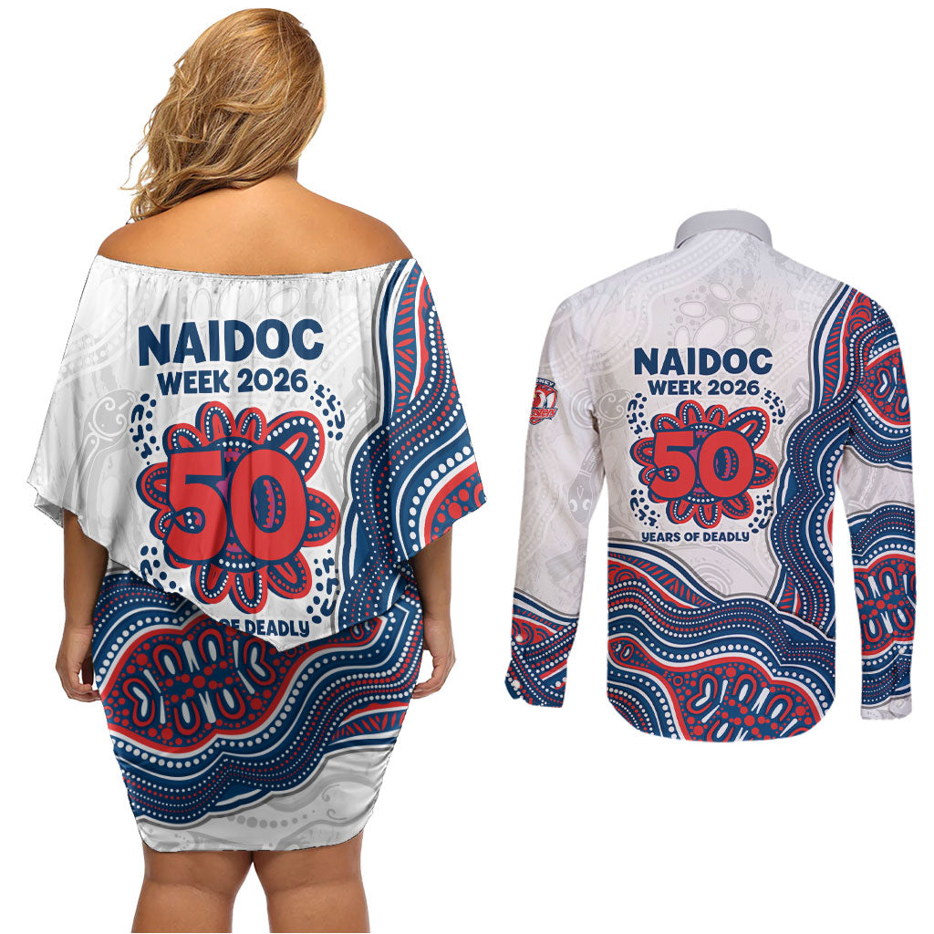 Sydney Roosters NAIDOC Week 2026 Couples Matching Off Shoulder Short Dress and Long Sleeve Button Shirt First Nations of Australia Aboriginal Mascot Rugby