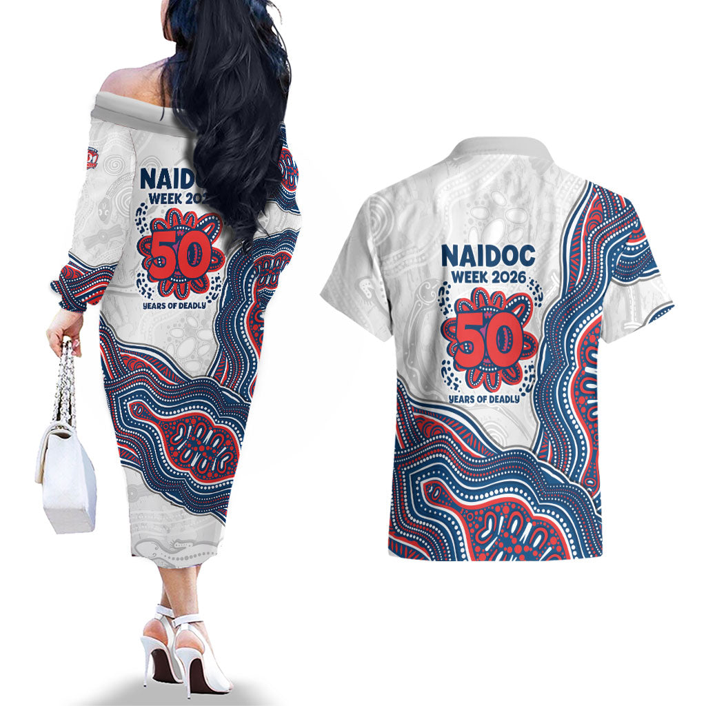 Sydney Roosters NAIDOC Week 2026 Couples Matching Off The Shoulder Long Sleeve Dress and Hawaiian Shirt First Nations of Australia Aboriginal Mascot Rugby