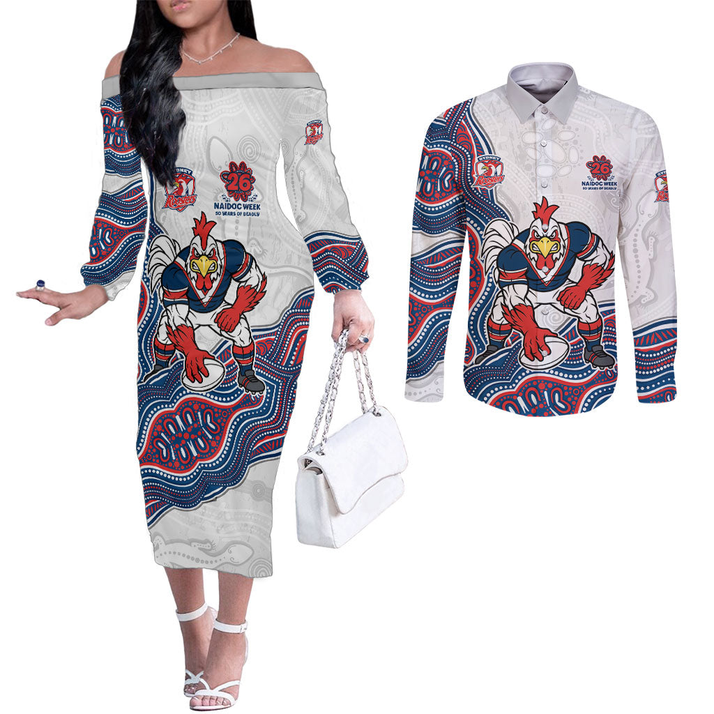 Sydney Roosters NAIDOC Week 2026 Couples Matching Off The Shoulder Long Sleeve Dress and Long Sleeve Button Shirt First Nations of Australia Aboriginal Mascot Rugby