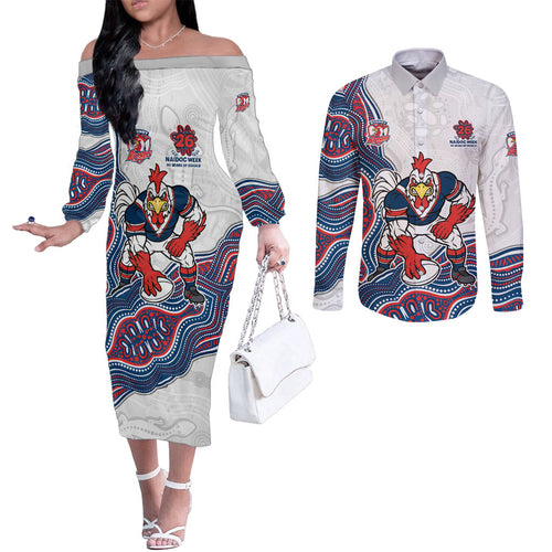 Sydney Roosters NAIDOC Week 2026 Couples Matching Off The Shoulder Long Sleeve Dress and Long Sleeve Button Shirt First Nations of Australia Aboriginal Mascot Rugby