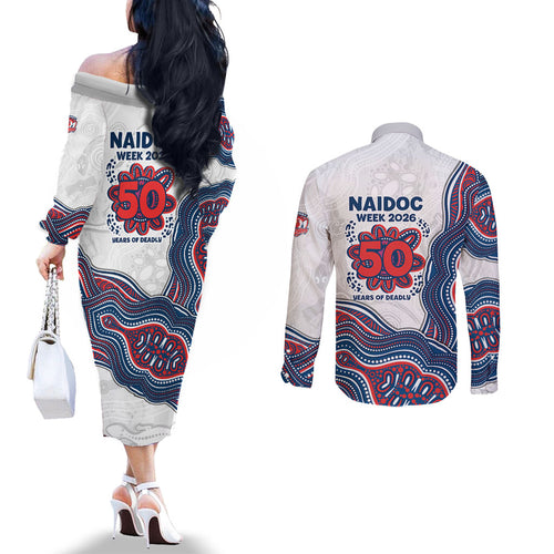 Sydney Roosters NAIDOC Week 2026 Couples Matching Off The Shoulder Long Sleeve Dress and Long Sleeve Button Shirt First Nations of Australia Aboriginal Mascot Rugby