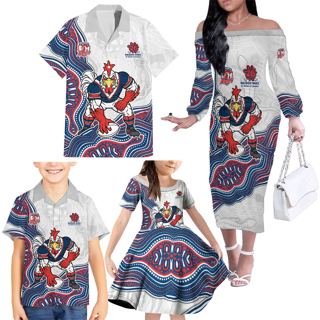 Sydney Roosters NAIDOC Week 2026 Family Matching Off The Shoulder Long Sleeve Dress and Hawaiian Shirt First Nations of Australia Aboriginal Mascot Rugby