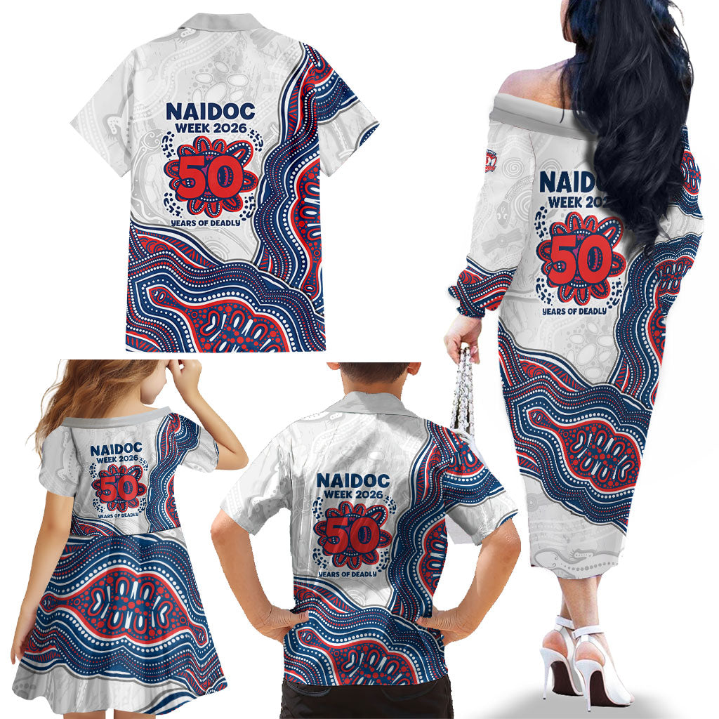 Sydney Roosters NAIDOC Week 2026 Family Matching Off The Shoulder Long Sleeve Dress and Hawaiian Shirt First Nations of Australia Aboriginal Mascot Rugby