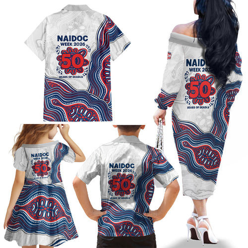 Sydney Roosters NAIDOC Week 2026 Family Matching Off The Shoulder Long Sleeve Dress and Hawaiian Shirt First Nations of Australia Aboriginal Mascot Rugby