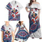 Sydney Roosters NAIDOC Week 2026 Family Matching Off Shoulder Maxi Dress and Hawaiian Shirt First Nations of Australia Aboriginal Mascot Rugby