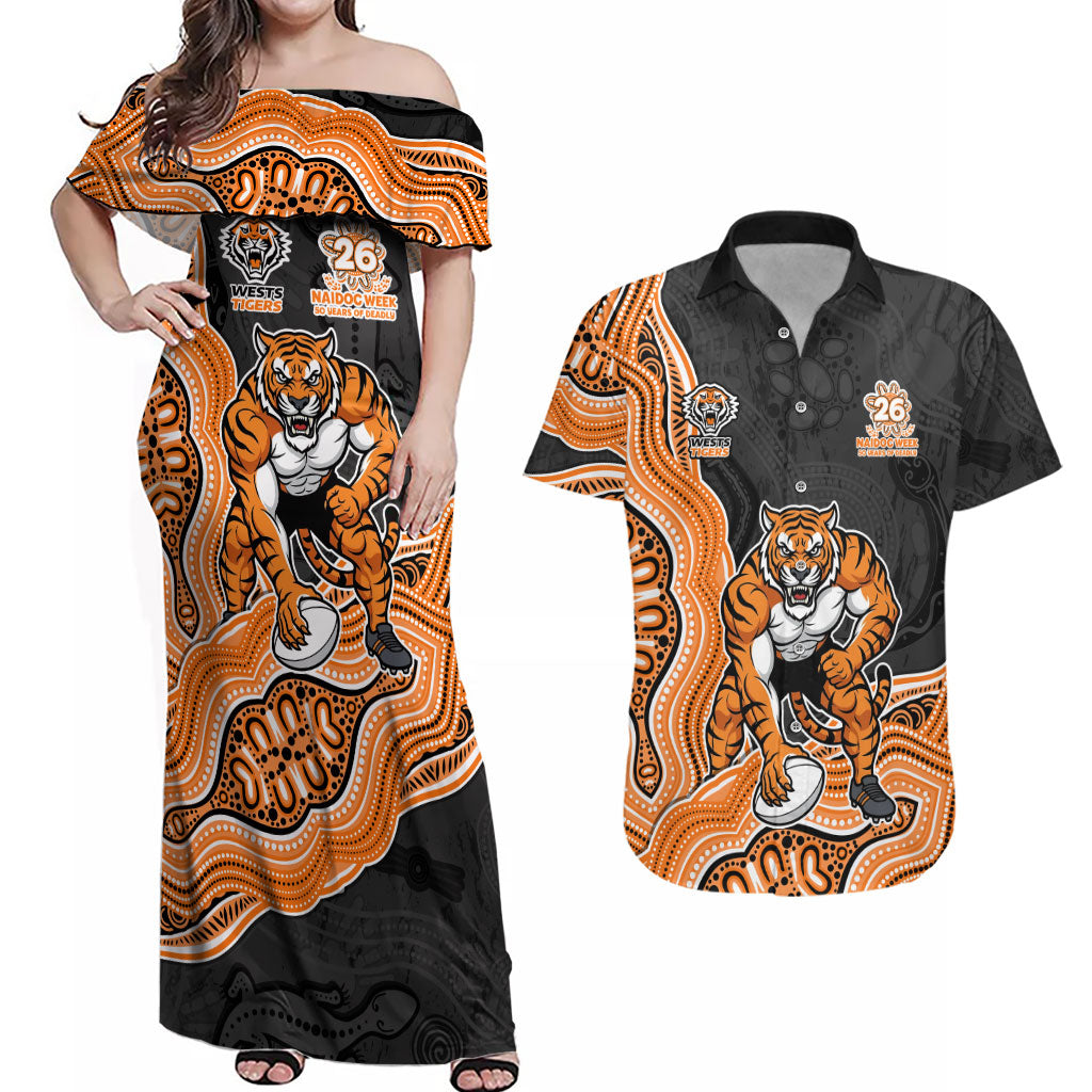 Wests Tigers NAIDOC Week 2026 Couples Matching Off Shoulder Maxi Dress and Hawaiian Shirt First Nations of Australia Aboriginal Mascot Rugby