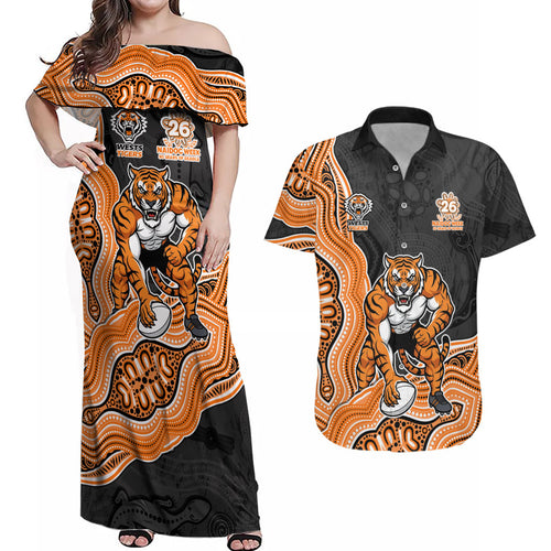 Wests Tigers NAIDOC Week 2026 Couples Matching Off Shoulder Maxi Dress and Hawaiian Shirt First Nations of Australia Aboriginal Mascot Rugby