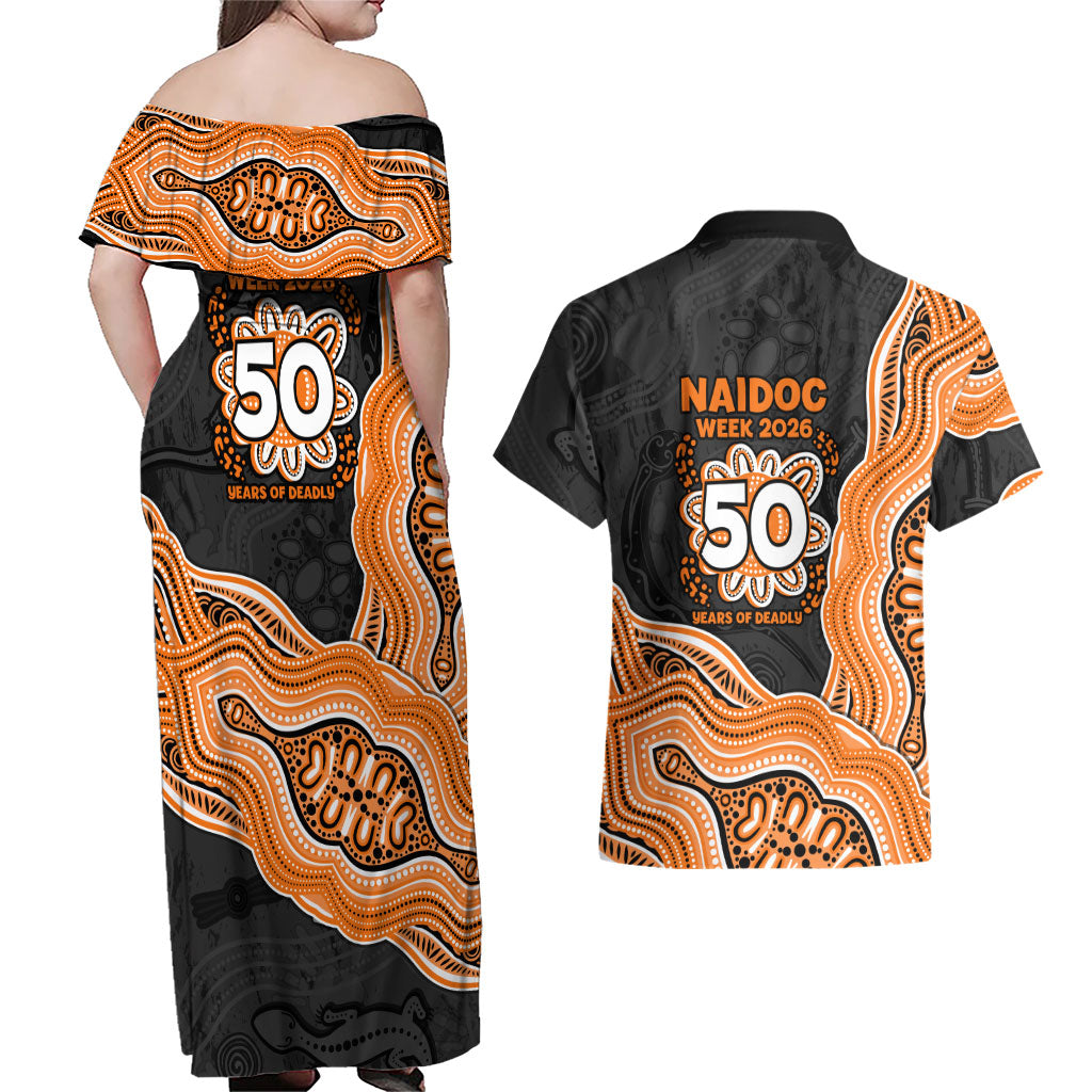 Wests Tigers NAIDOC Week 2026 Couples Matching Off Shoulder Maxi Dress and Hawaiian Shirt First Nations of Australia Aboriginal Mascot Rugby