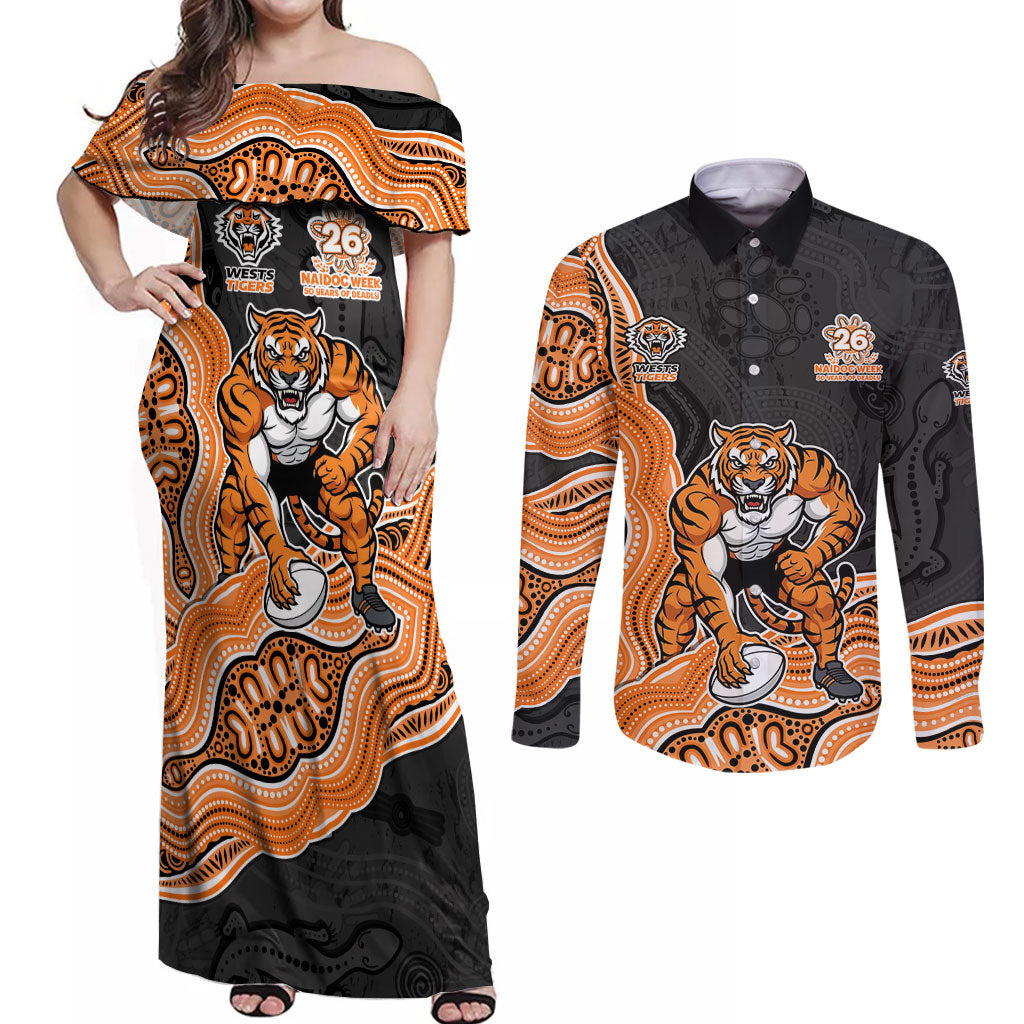 Wests Tigers NAIDOC Week 2026 Couples Matching Off Shoulder Maxi Dress and Long Sleeve Button Shirt First Nations of Australia Aboriginal Mascot Rugby