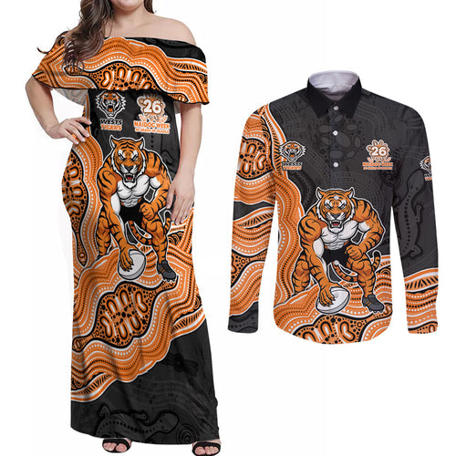 Wests Tigers NAIDOC Week 2026 Couples Matching Off Shoulder Maxi Dress and Long Sleeve Button Shirt First Nations of Australia Aboriginal Mascot Rugby