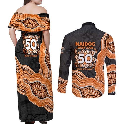 Wests Tigers NAIDOC Week 2026 Couples Matching Off Shoulder Maxi Dress and Long Sleeve Button Shirt First Nations of Australia Aboriginal Mascot Rugby