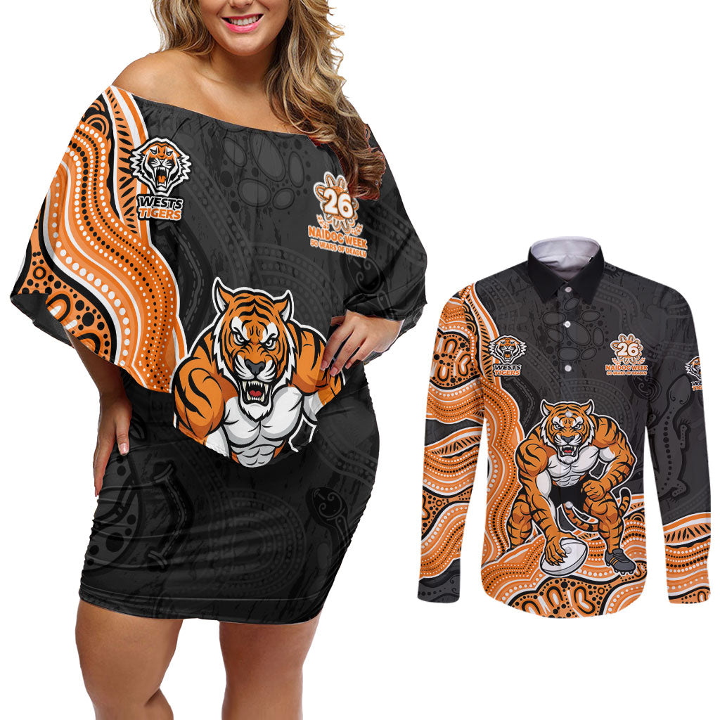Wests Tigers NAIDOC Week 2026 Couples Matching Off Shoulder Short Dress and Long Sleeve Button Shirt First Nations of Australia Aboriginal Mascot Rugby