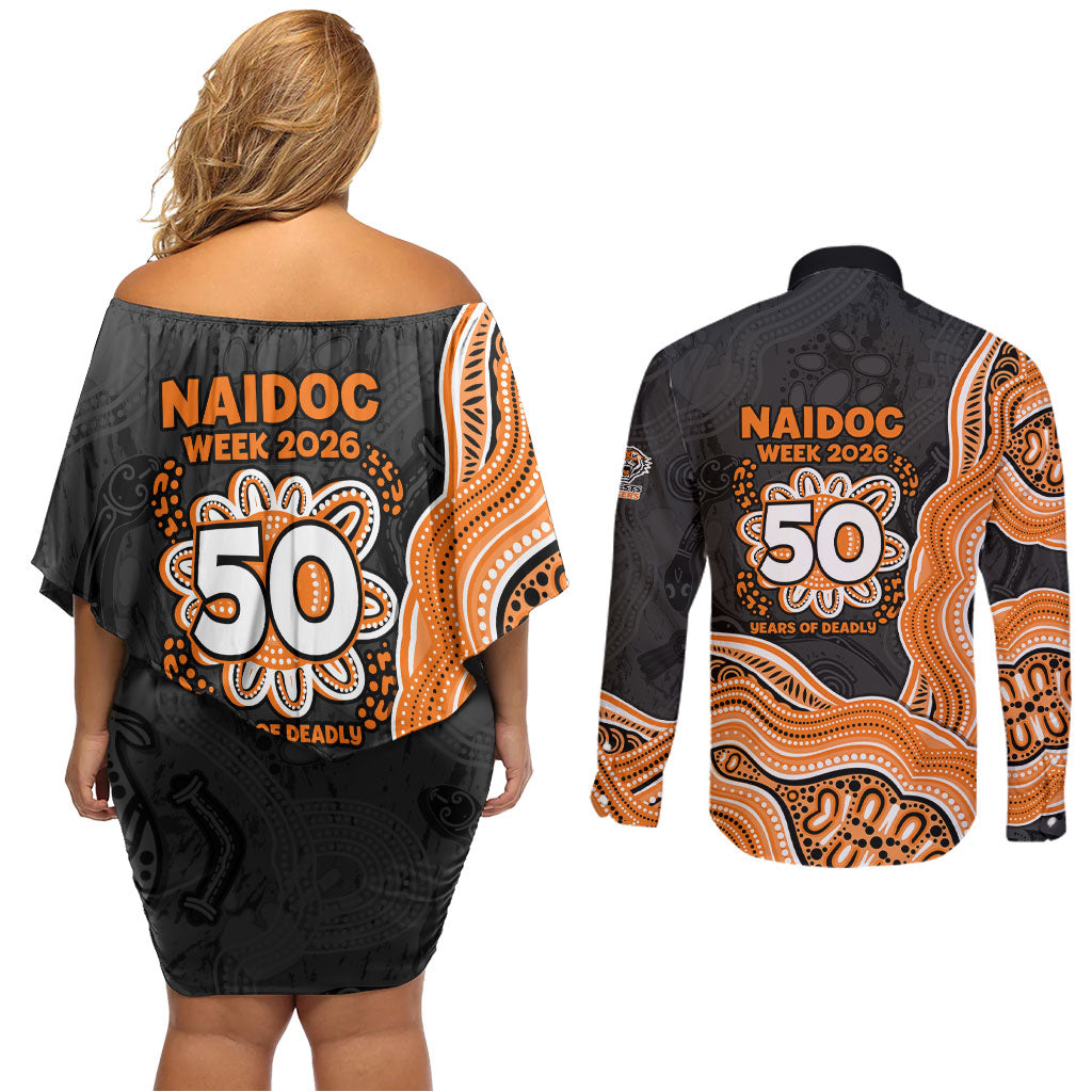 Wests Tigers NAIDOC Week 2026 Couples Matching Off Shoulder Short Dress and Long Sleeve Button Shirt First Nations of Australia Aboriginal Mascot Rugby