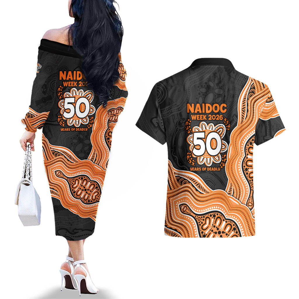 Wests Tigers NAIDOC Week 2026 Couples Matching Off The Shoulder Long Sleeve Dress and Hawaiian Shirt First Nations of Australia Aboriginal Mascot Rugby