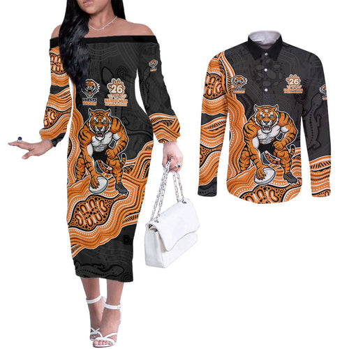 Wests Tigers NAIDOC Week 2026 Couples Matching Off The Shoulder Long Sleeve Dress and Long Sleeve Button Shirt First Nations of Australia Aboriginal Mascot Rugby