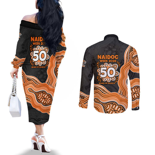 Wests Tigers NAIDOC Week 2026 Couples Matching Off The Shoulder Long Sleeve Dress and Long Sleeve Button Shirt First Nations of Australia Aboriginal Mascot Rugby