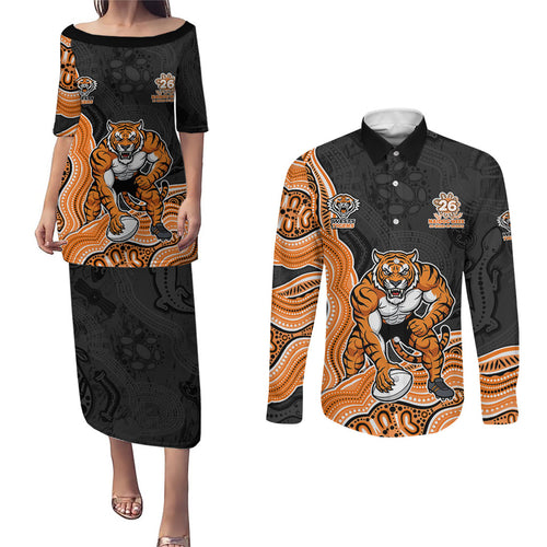 Wests Tigers NAIDOC Week 2026 Couples Matching Puletasi and Long Sleeve Button Shirt First Nations of Australia Aboriginal Mascot Rugby