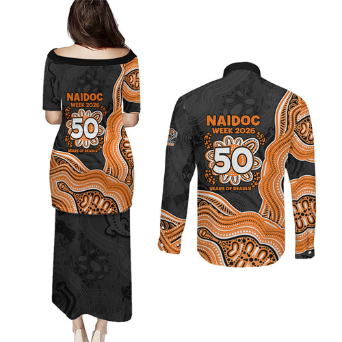Wests Tigers NAIDOC Week 2026 Couples Matching Puletasi and Long Sleeve Button Shirt First Nations of Australia Aboriginal Mascot Rugby
